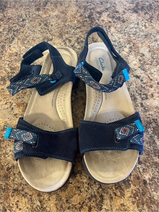 Clarks Shoes - Clarks Navy and Tan Women's Adjustable Strap Sandals